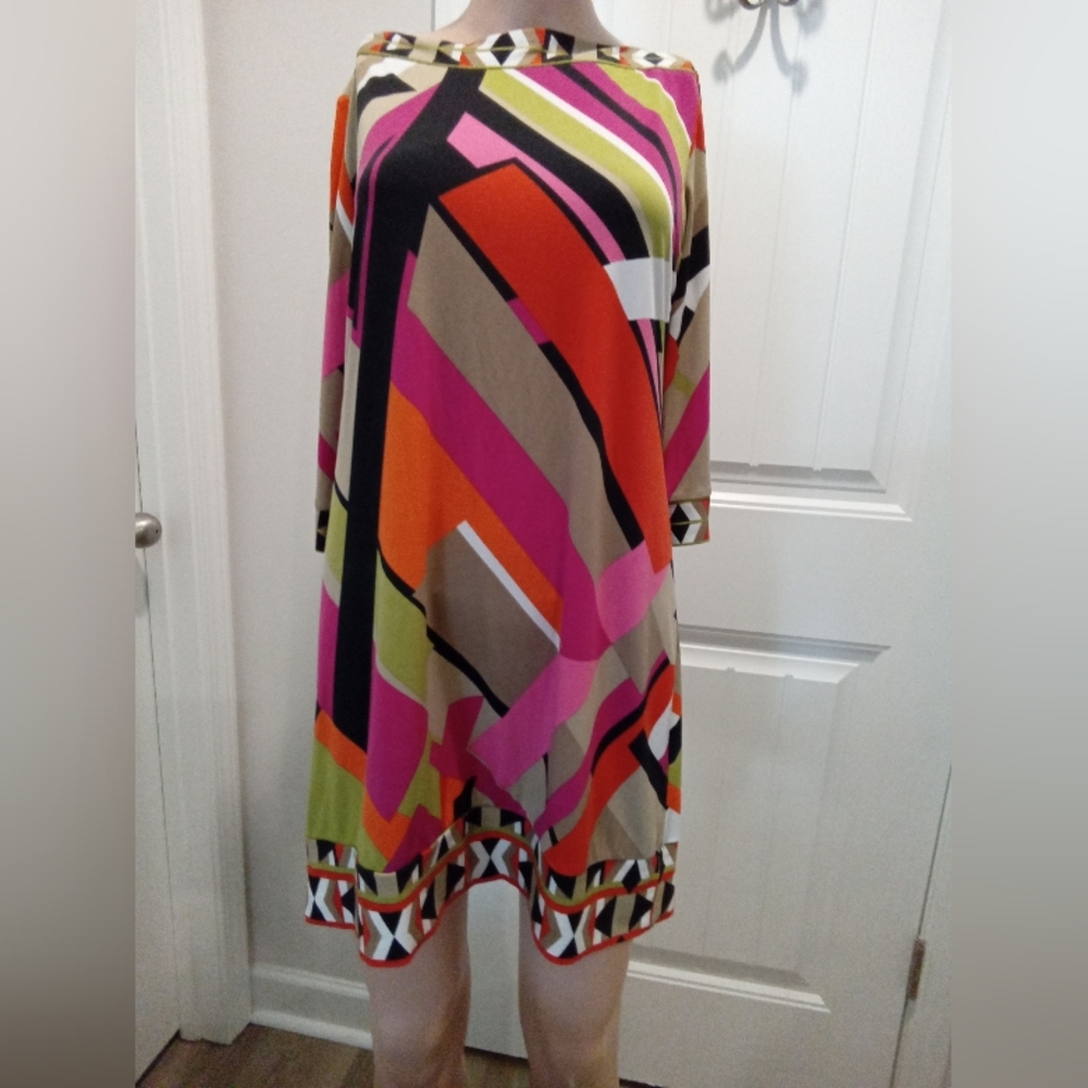 Studio I Sz6 Colorful Geometric Pattern Mini Dress 3/4 Length Sleeves